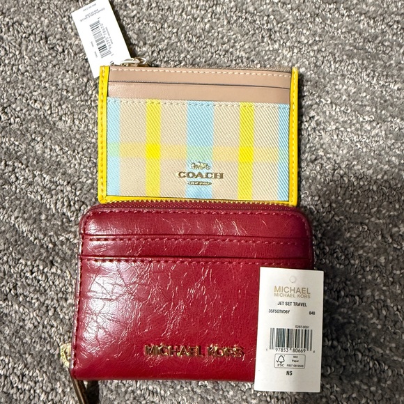 Michael Kors Handbags - Michael Kors Red Leather Wallet and Coach Plaid Yellow card holder